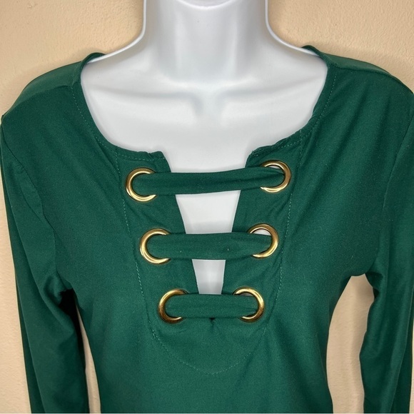 Green Gold Accent Bodysuit Long Sleeve Stretch V Neck Juniors Medium - Picture 2 of 8